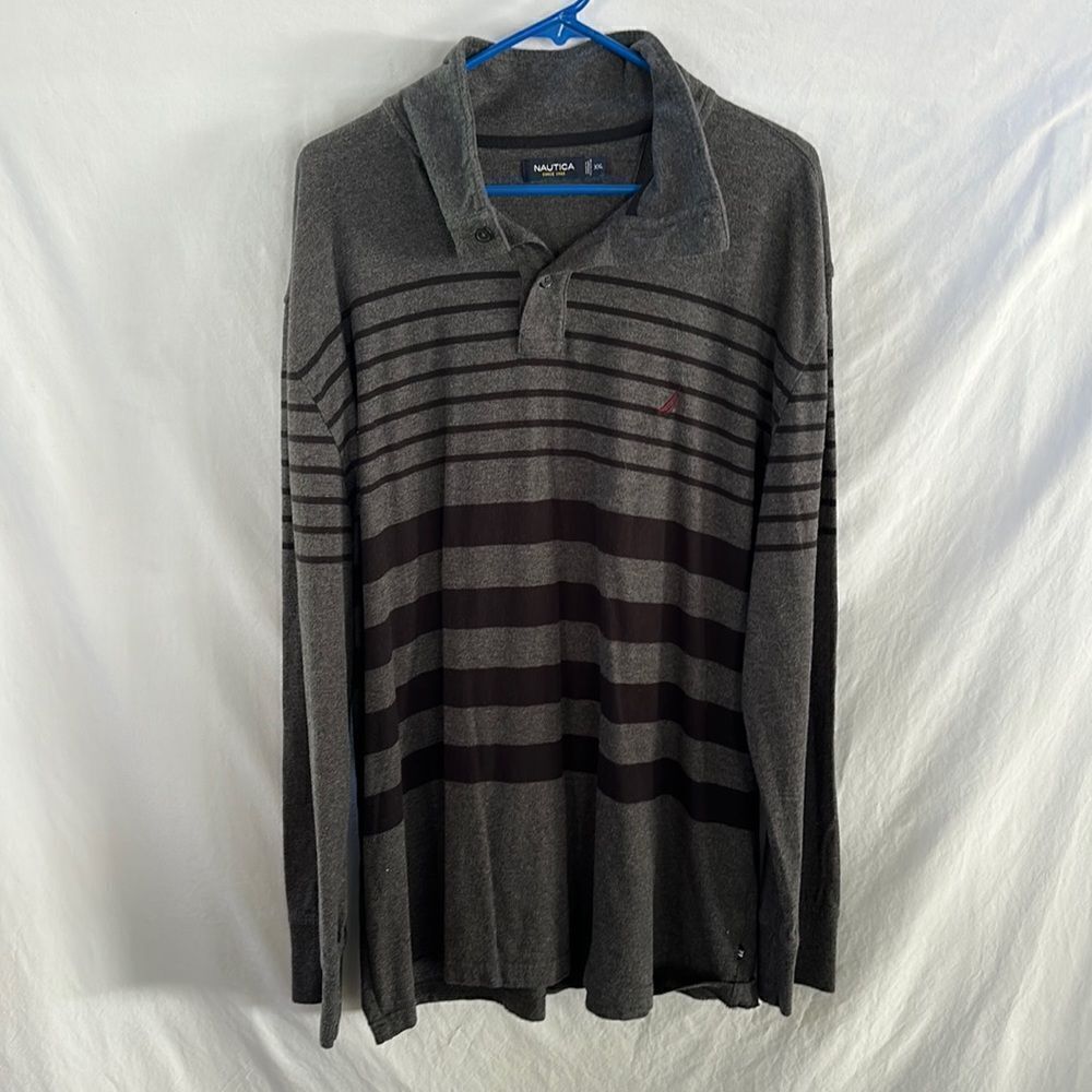 Nautical long sleeve gray w/ black stripes button neck heavy weight tshirt